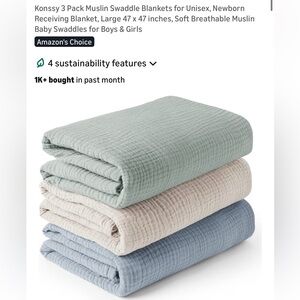 Muslin Baby Swaddle Blankets (NEVER USED) - Sage, Cream & Light Blue (3-Pack)